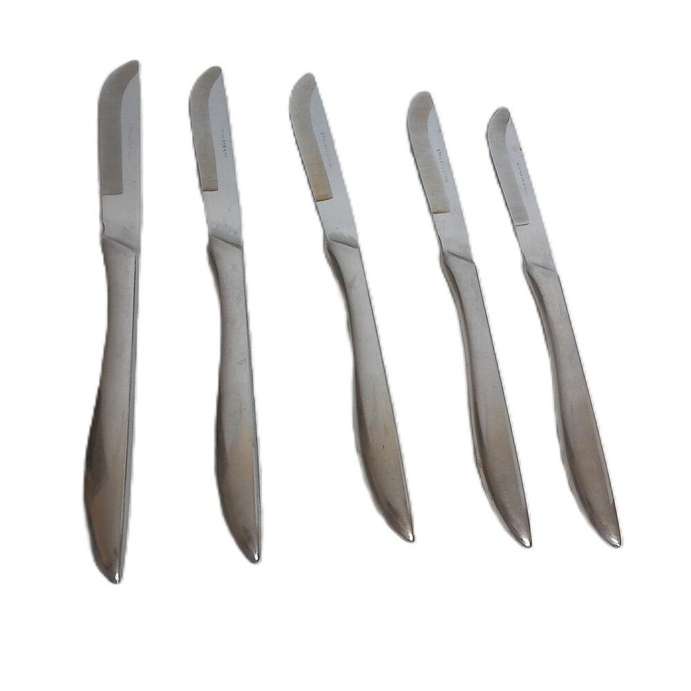Vintage Stainless Steel Steak Knives Sleek Modernist Dinner Flatware Set of 5